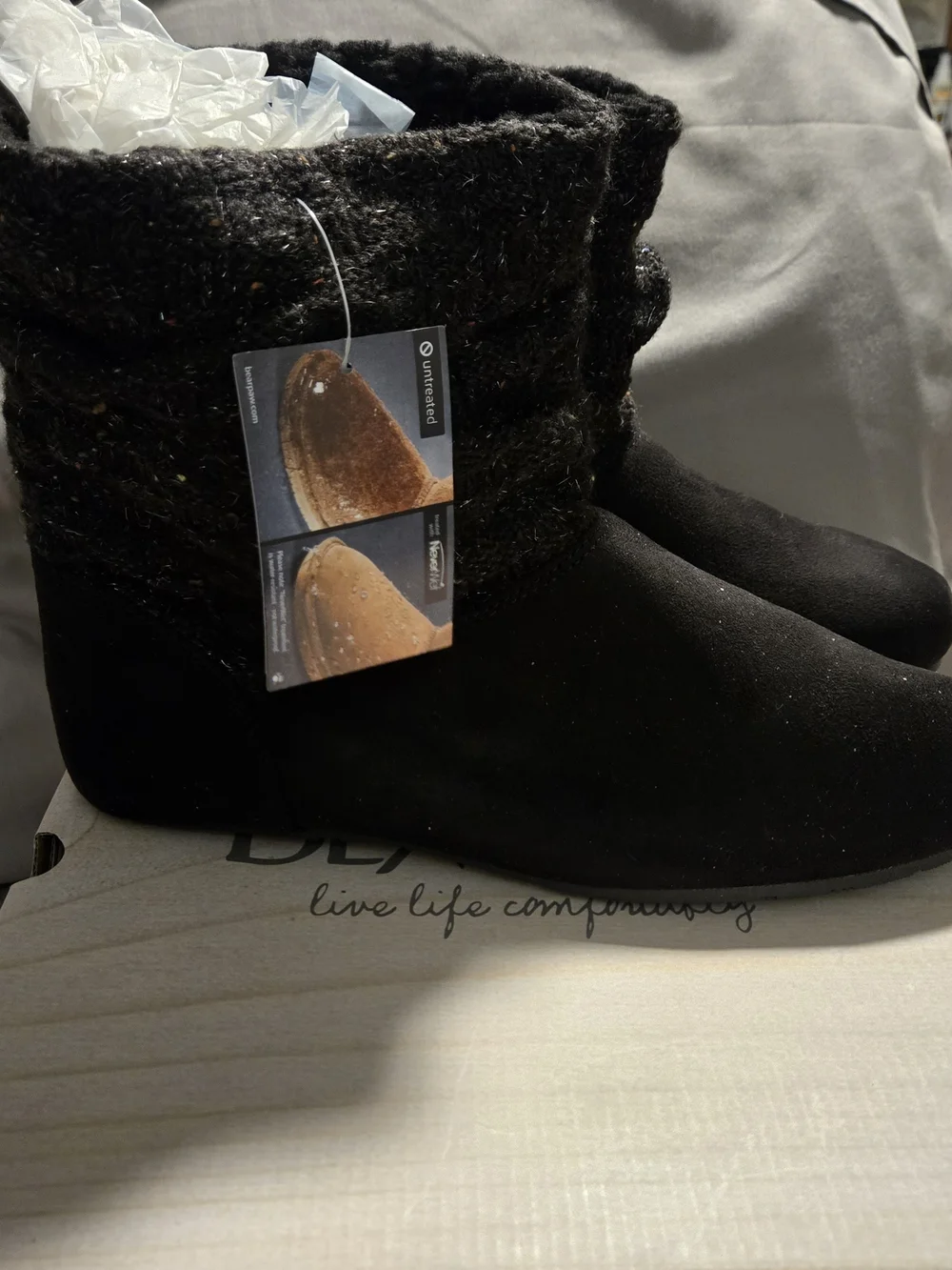 BearPaw Black Faux-Suede Ankle Boots with Knit Cuff Size 11W